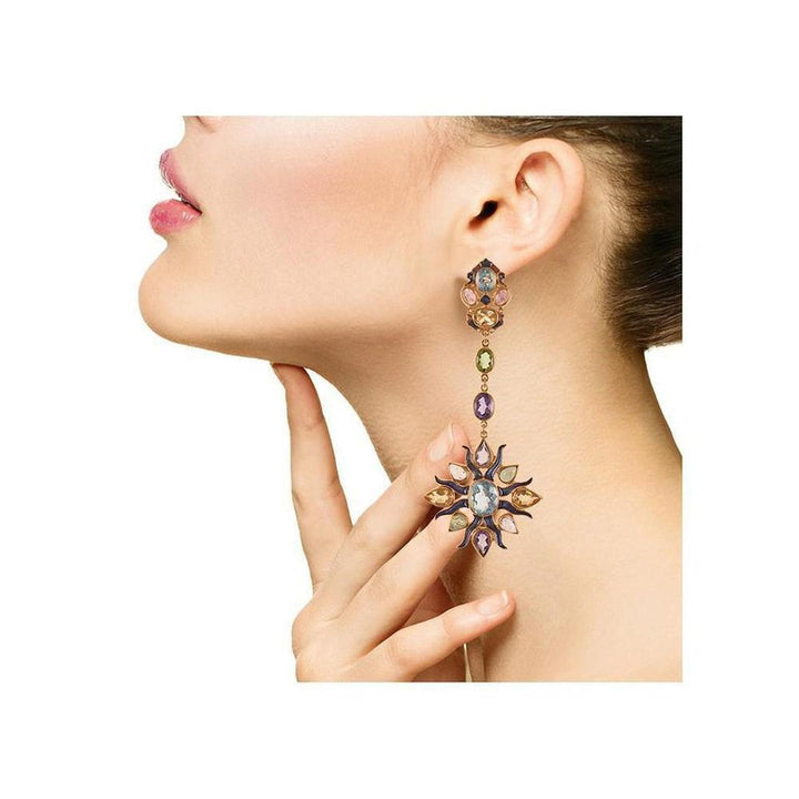 Multicolored gemstone drop earrings; sun and moon design.