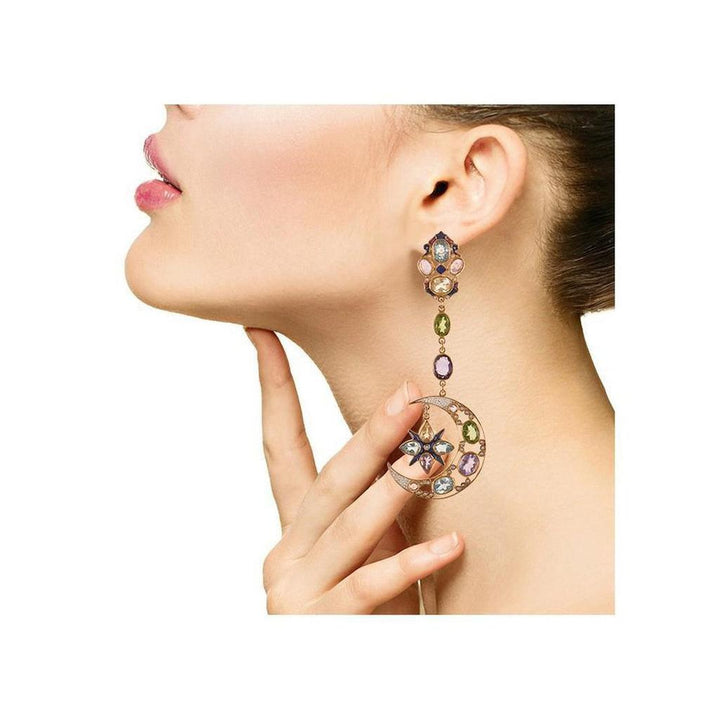 Multicolored gemstone crescent moon and star drop earrings.
