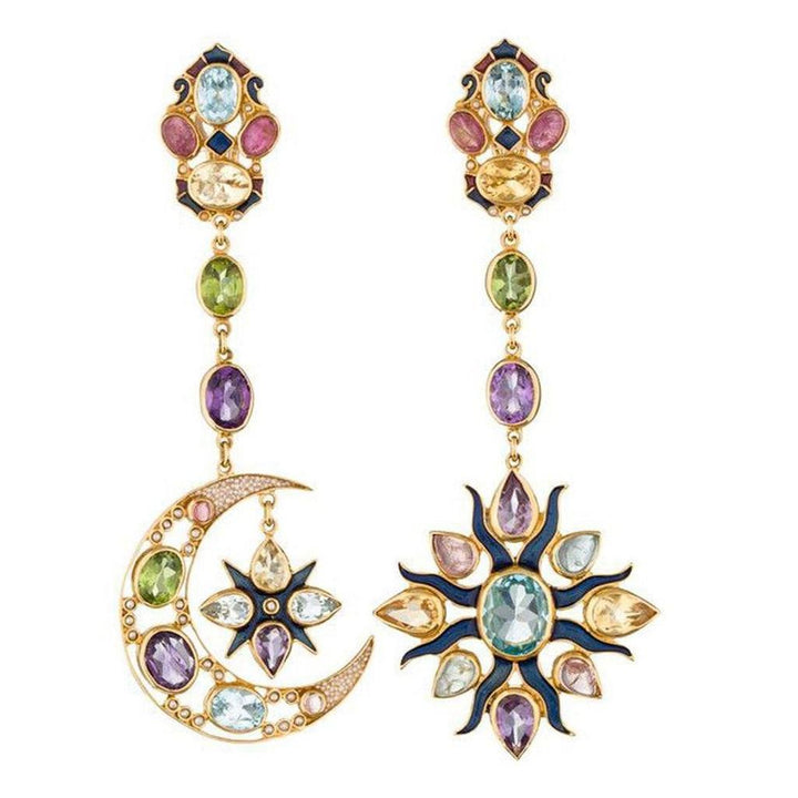 Multi gemstone Moon & Sun chandelier earrings; gold, amethyst, aquamarine, peridot.
