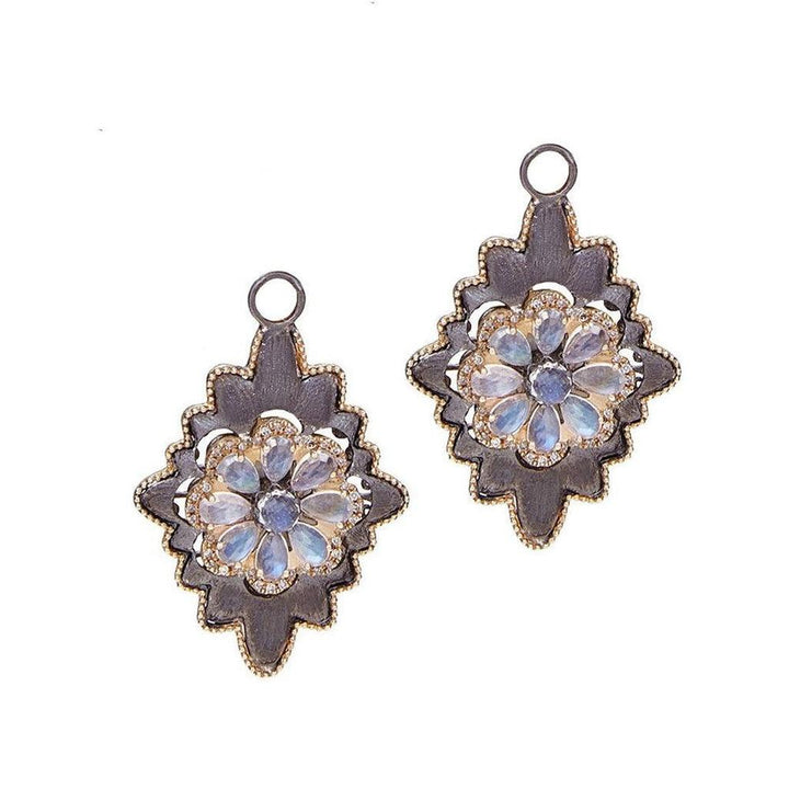 Moonstone & diamond flower charms for huggie hoops; oxidized silver & gold.