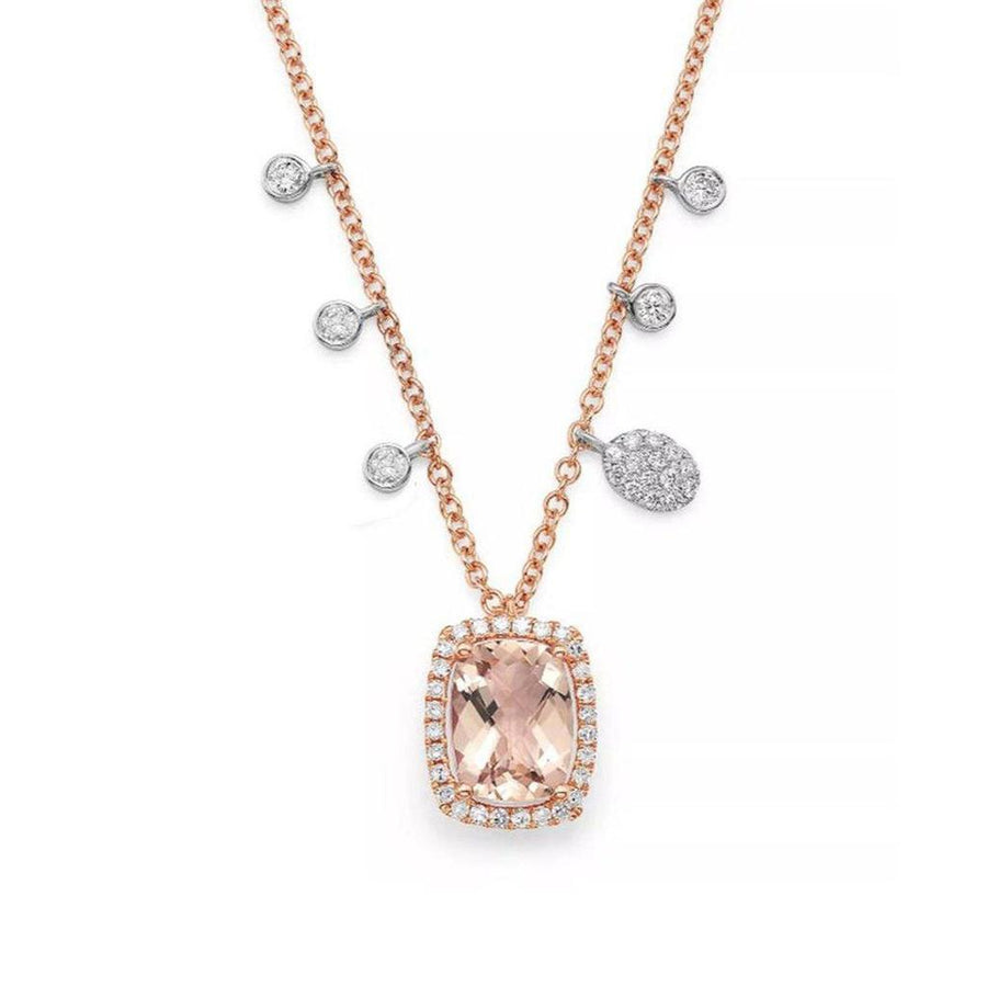 Rose gold Morganite necklace with diamond accents and charm drops.