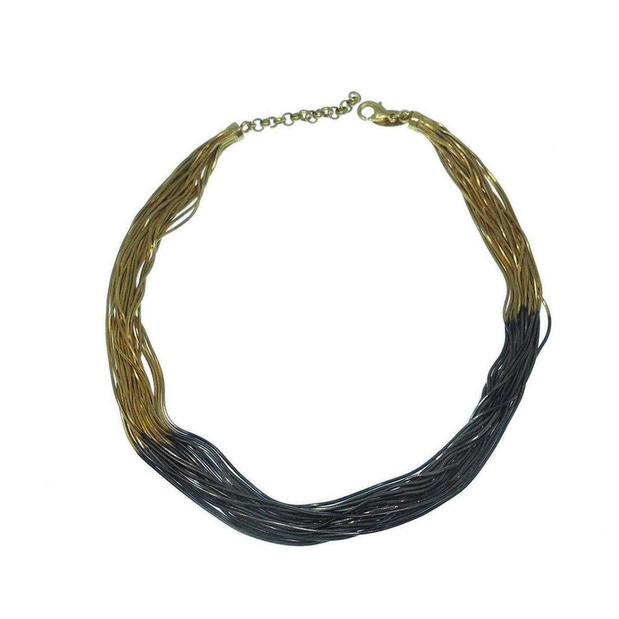 Multi-strand ruthenium and gold necklace with a unique two-tone design.