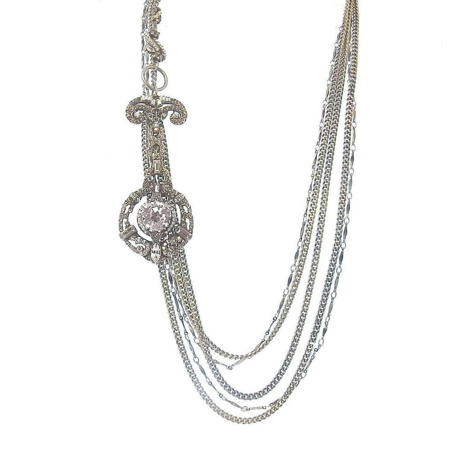 Multistrand silver chain long drop tassel necklace with cabochon pendant