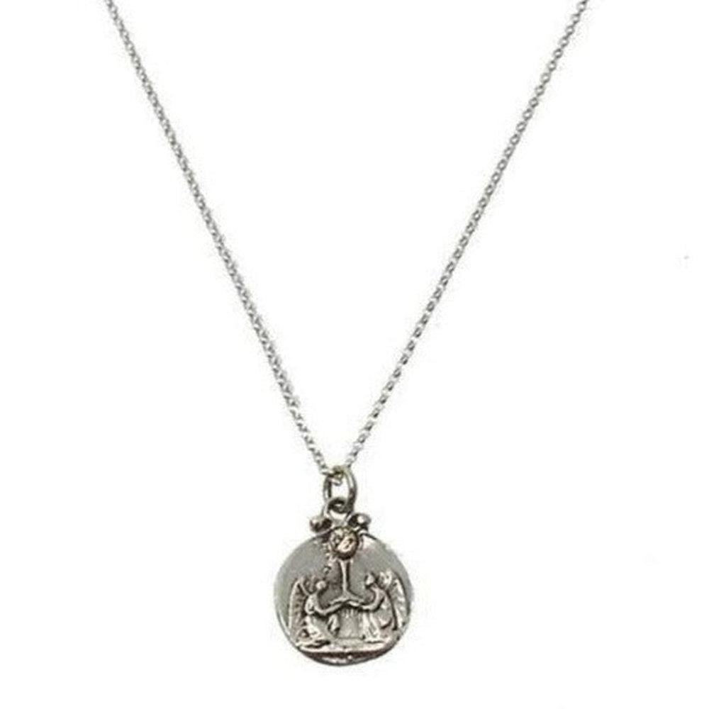 Silver necklace featuring a circular charm with angel detail.