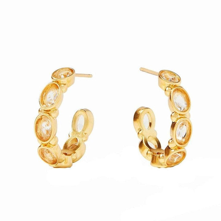 Gold Mykonos hoop earrings with sparkling clear stones.