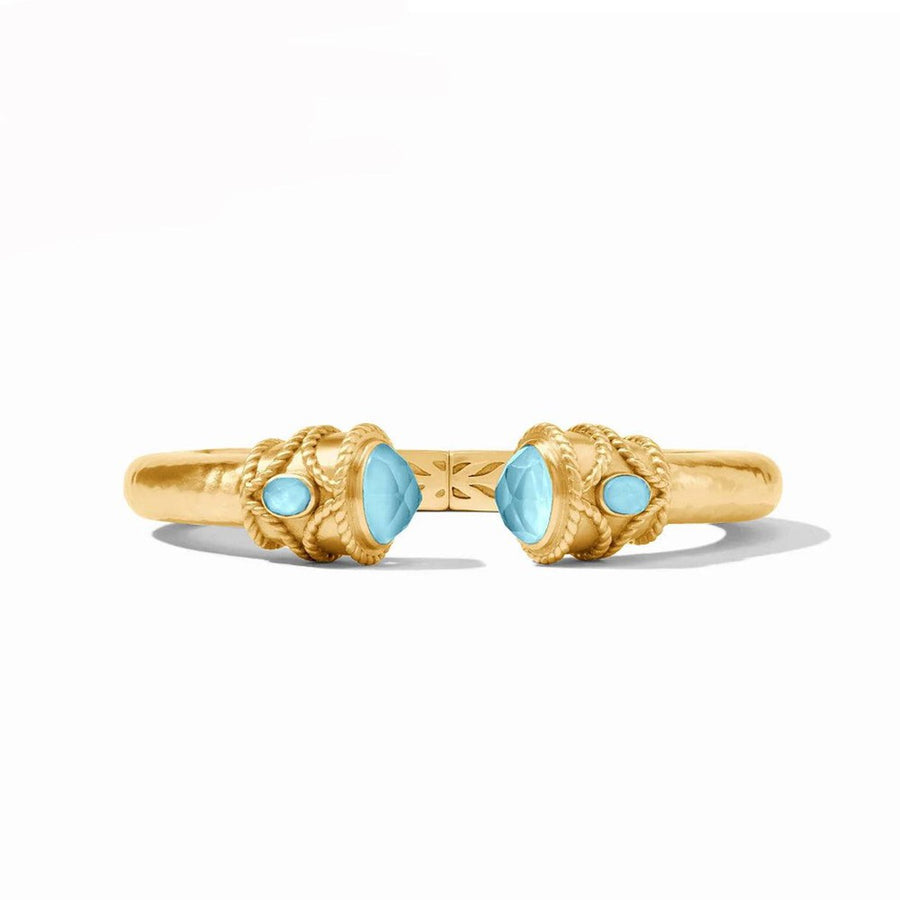 Gold Nassau Demi Hinge Cuff bracelet with light blue gemstones.