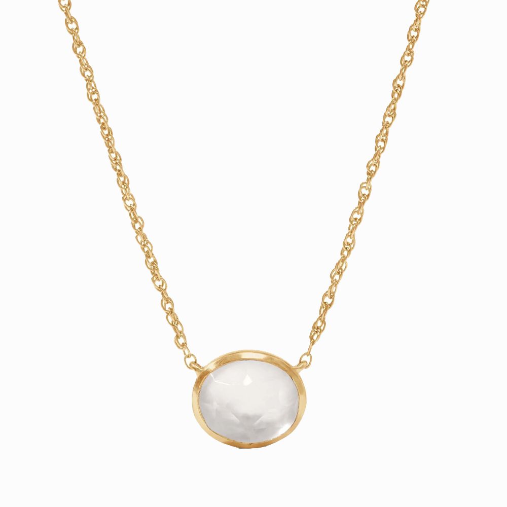 Oval gemstone solitaire necklace on delicate gold chain.