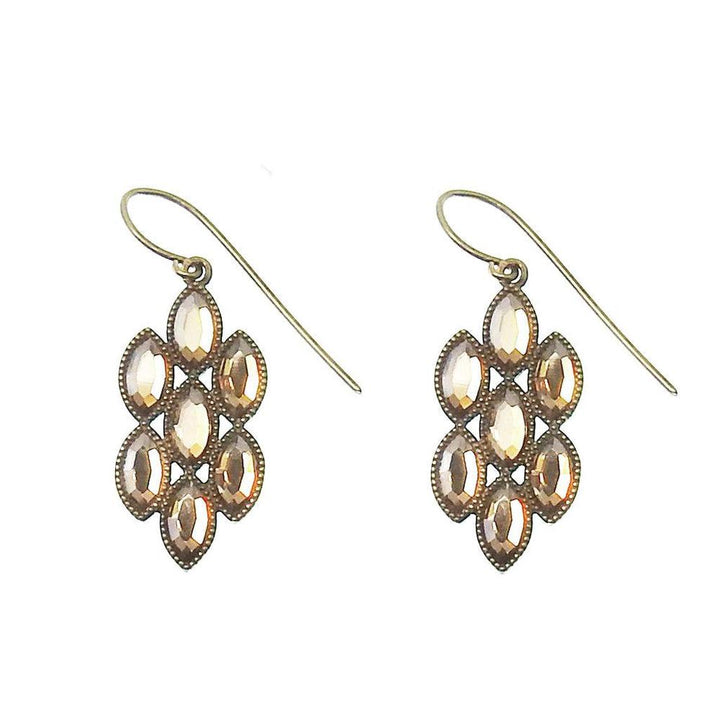 Bronze drop earrings with faceted stones arranged in a floral pattern.
