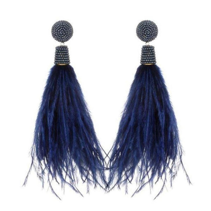 Navy feather earrings with beaded detail for a statement look.
