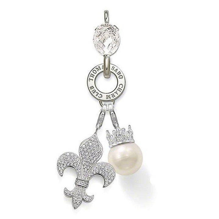 Silver charm carrier featuring a pearl, fleur-de-lis, and crystal accents.