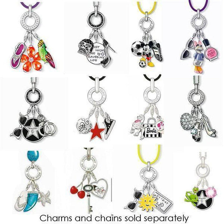 Silver charm carrier necklace showcasing diverse colorful charms.