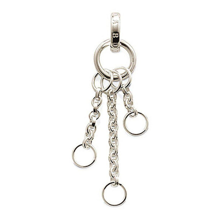 Silver necklace charm carrier with three dangling chains and rings.