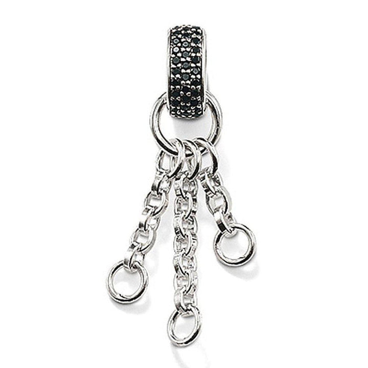 Silver necklace charm carrier with black zirconia accents, featuring three dangling chains and open loops for added pendants.