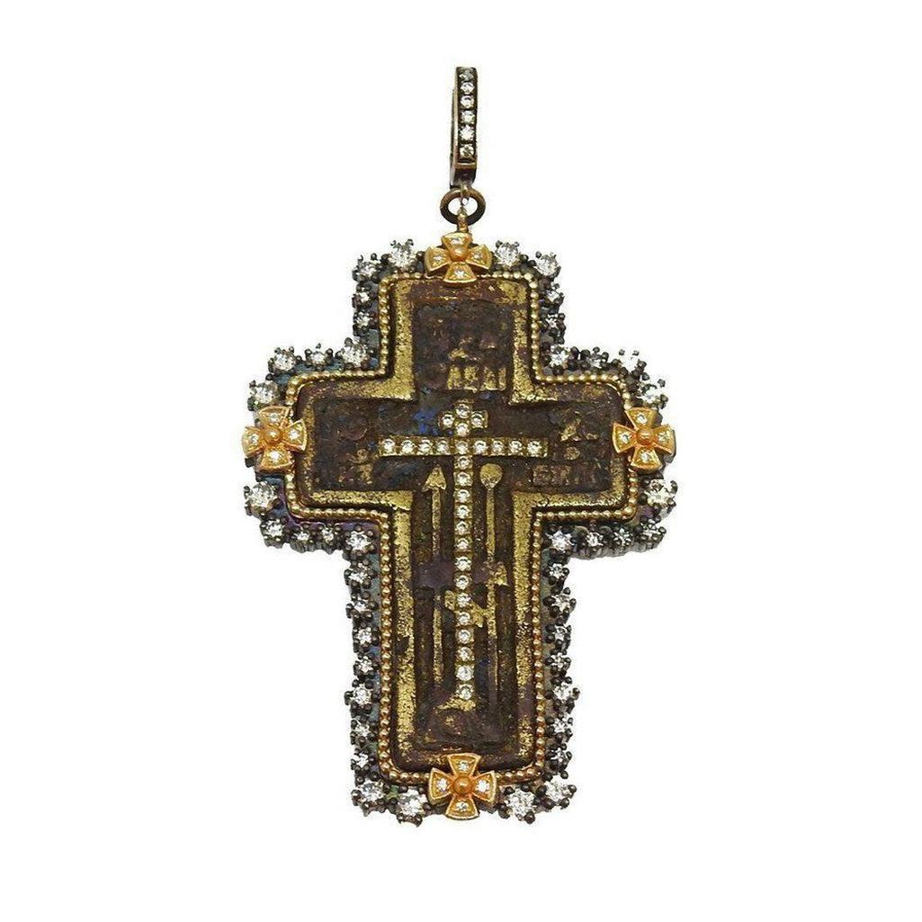 Antique-inspired Old Believers Cross pendant, adorned with diamonds and gold accents.