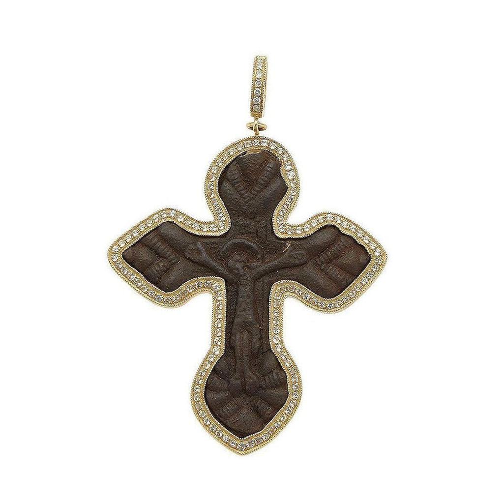 Old Kievan Russian Cross pendant: dark brown stone crucifix with gold frame and diamond accents.