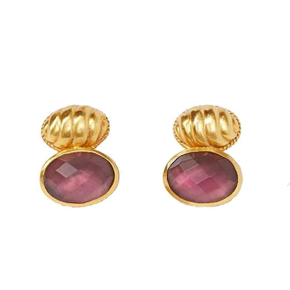 Gold stud earrings featuring mauve oval stones and textured gold tops.