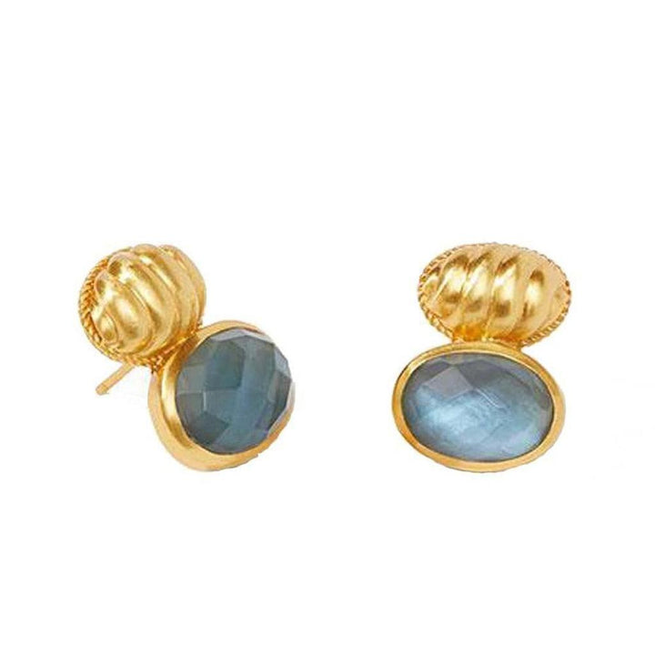Gold and gray gemstone stud earrings with textured metal accents.