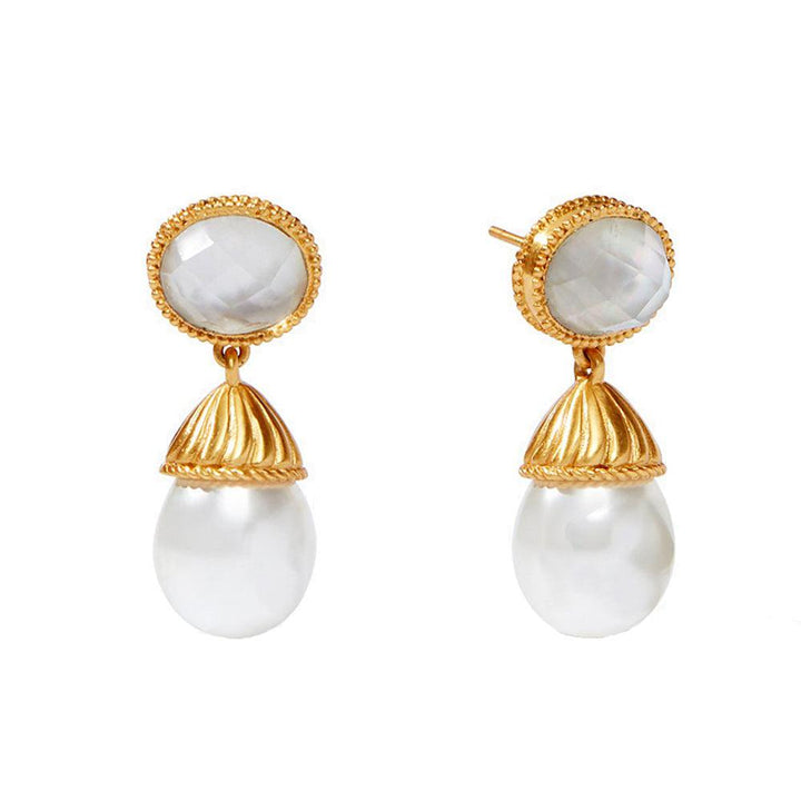 Elegant gold drop earrings featuring a pearl and faceted gemstone.
