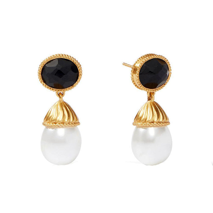 Olympia Pearl Drop Earrings: Gold-tone, black onyx, and pearl drop earrings.