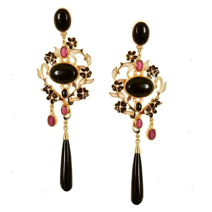 Elegant Onyx & Ruby drop earrings with gold floral accents.