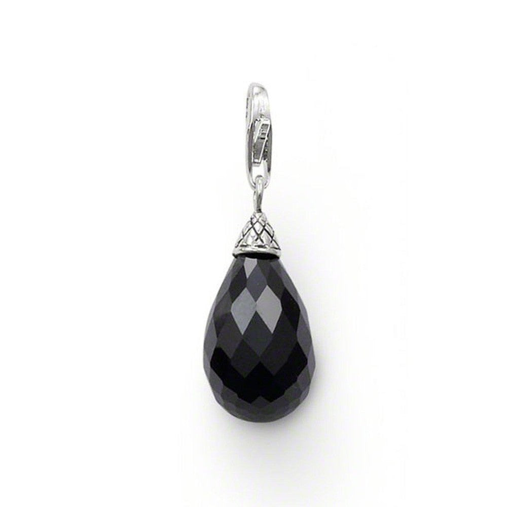 Onyx teardrop pendant with sterling silver clasp and ornate detailing.