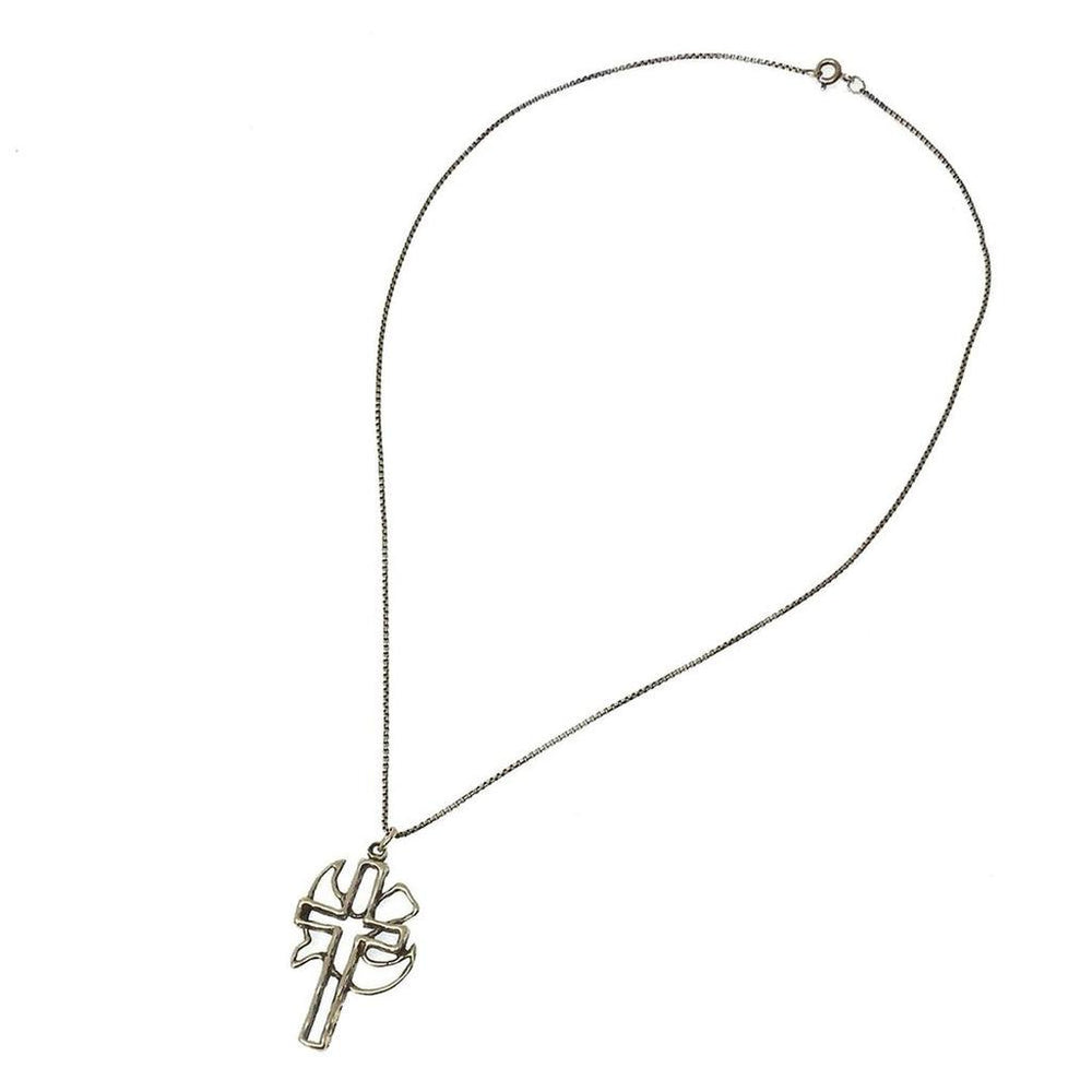 Silver cross necklace with box chain, open design.