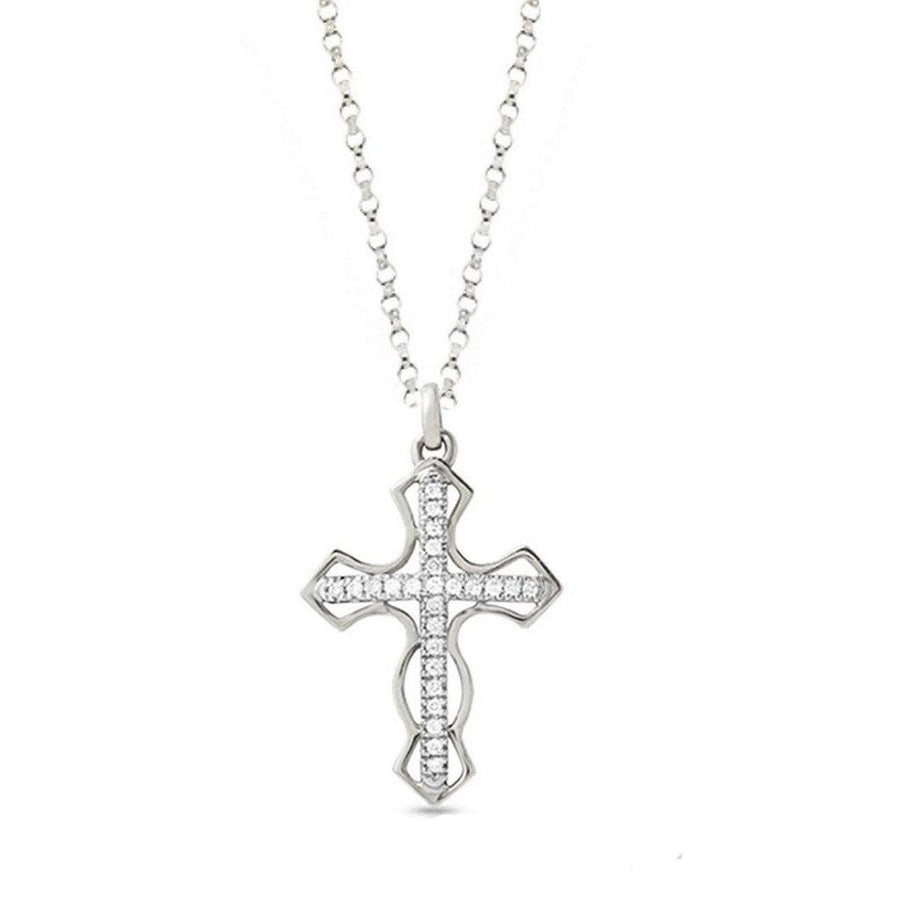 Open Cut Diamond Cross necklace:  Silver cross pendant with sparkling cubic zirconia accents.