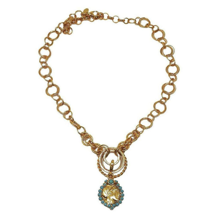 Gold open link necklace with turquoise pendant charm.