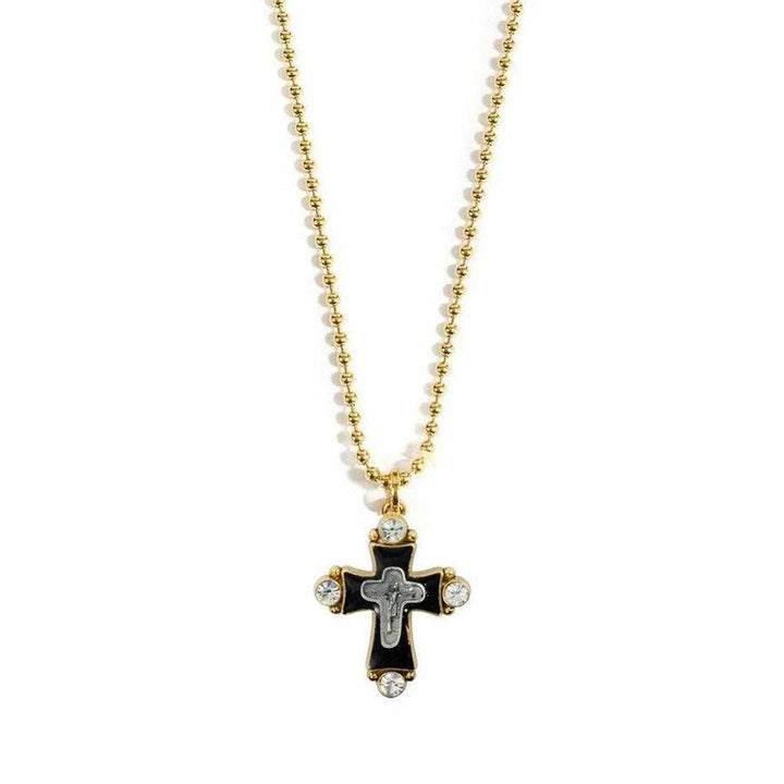 Gold ball chain necklace with black enamel cross charm and clear cubic zirconia accents.