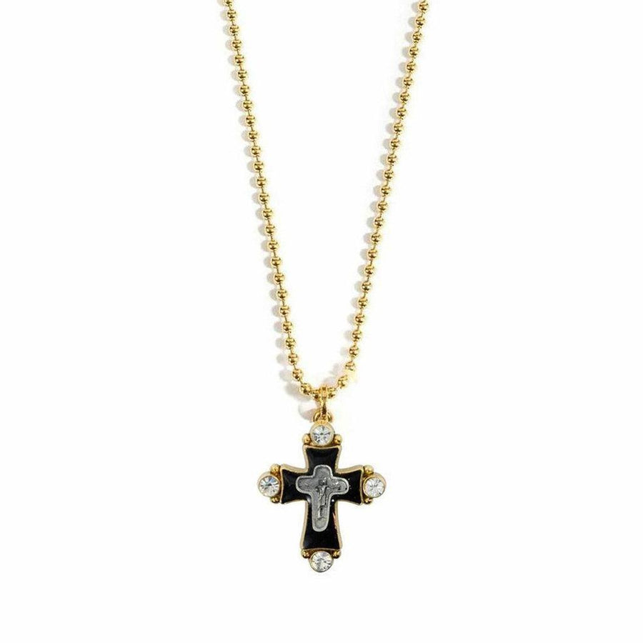 Gold ball chain necklace with black enamel cross charm and clear cubic zirconia accents.
