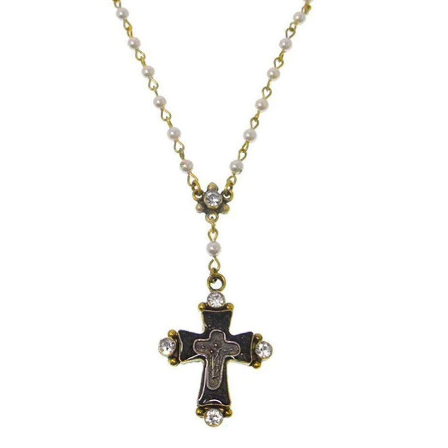 Original Rosary necklace with pearl chain and antique-style cross pendant accented with crystals.