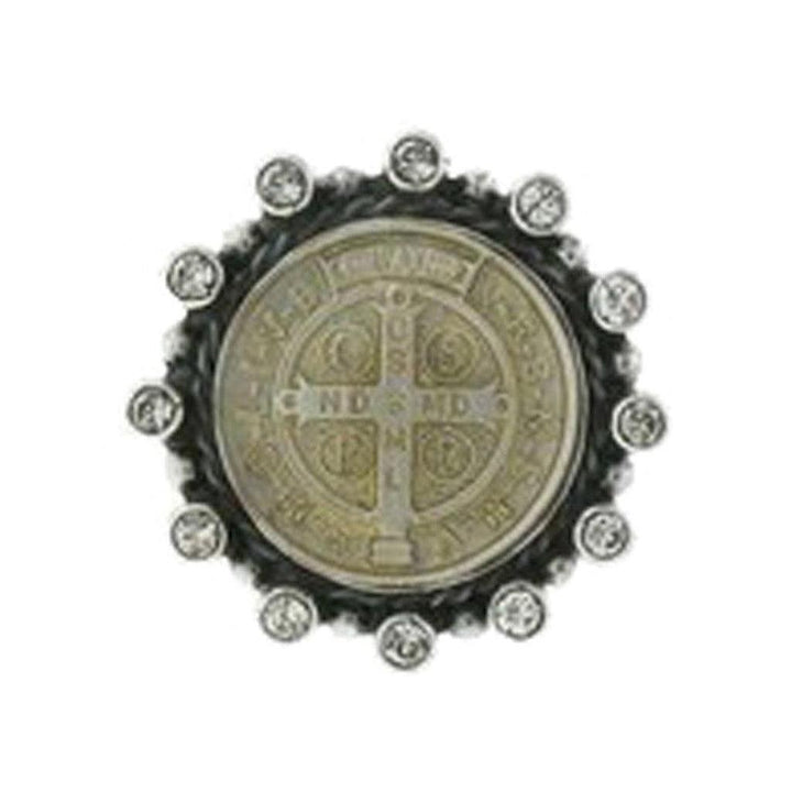 Circular ring featuring a St. Benedict medal, accented with small clear stones.