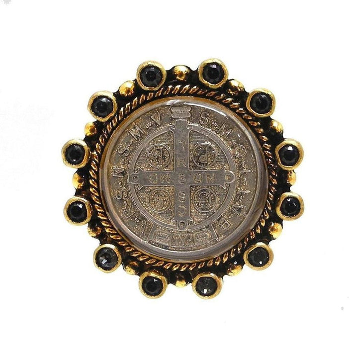 Original San Benito Grande ring: gold-tone setting, black stones, antique silver medallion.