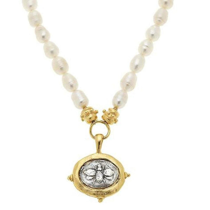 Oval Bee pendant necklace on pearls; gold & silver bee charm