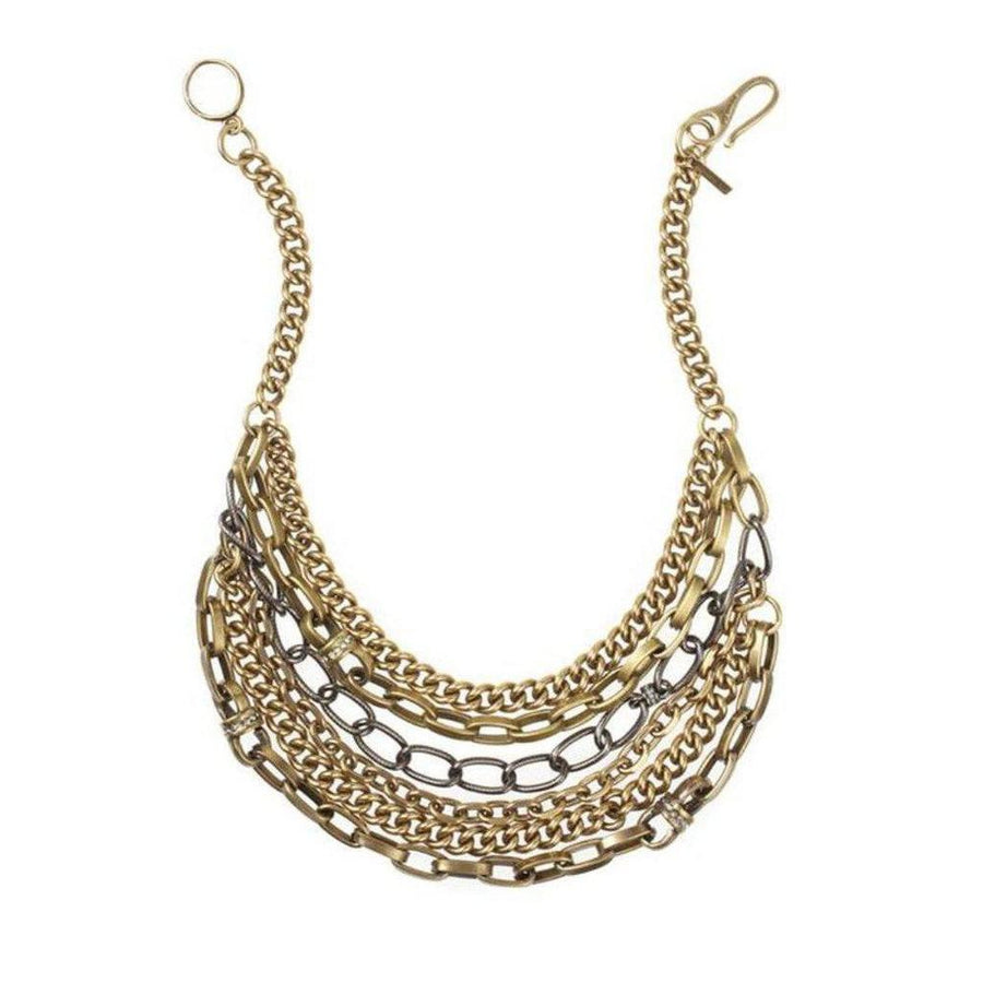 Paige Novick GM gold multi-layered chain necklace:  Statement necklace featuring gold and gunmetal chains, perfect for adding edgy elegance to any outfit.