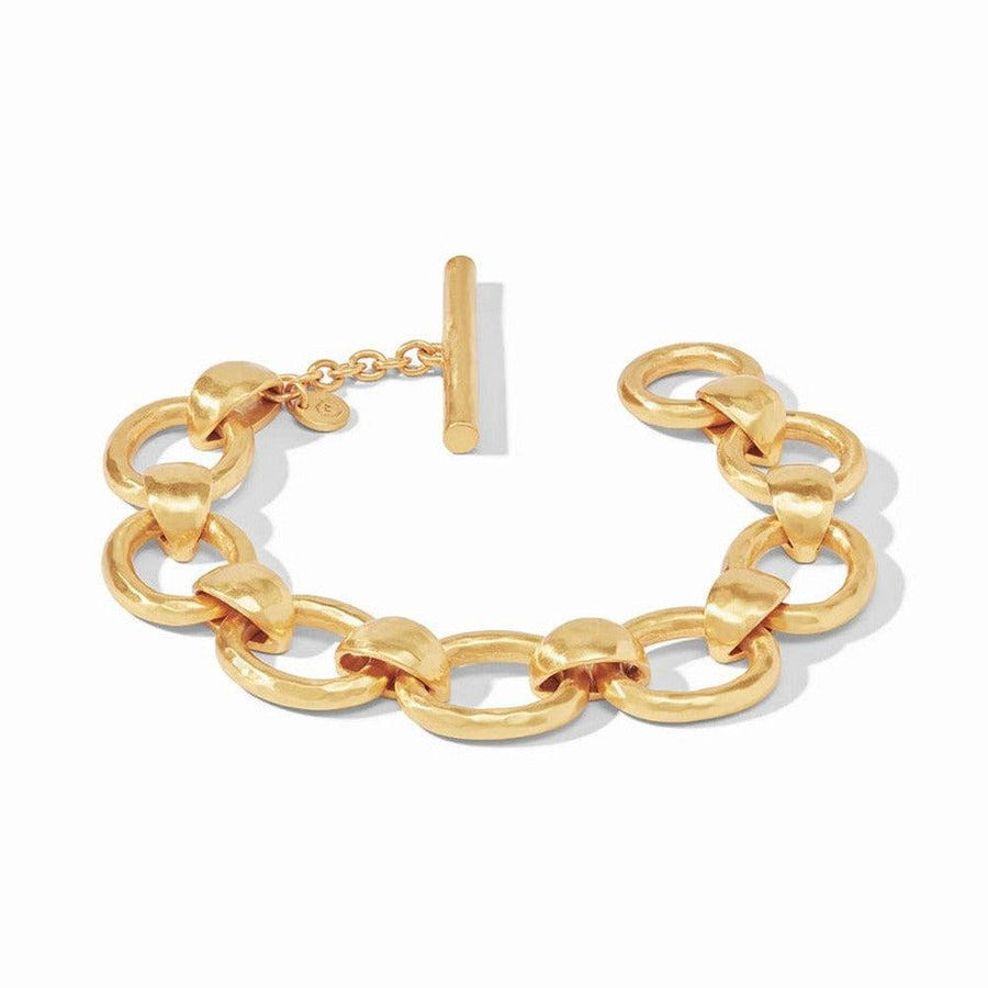 Gold Palermo Link bracelet with hammered texture and toggle clasp.