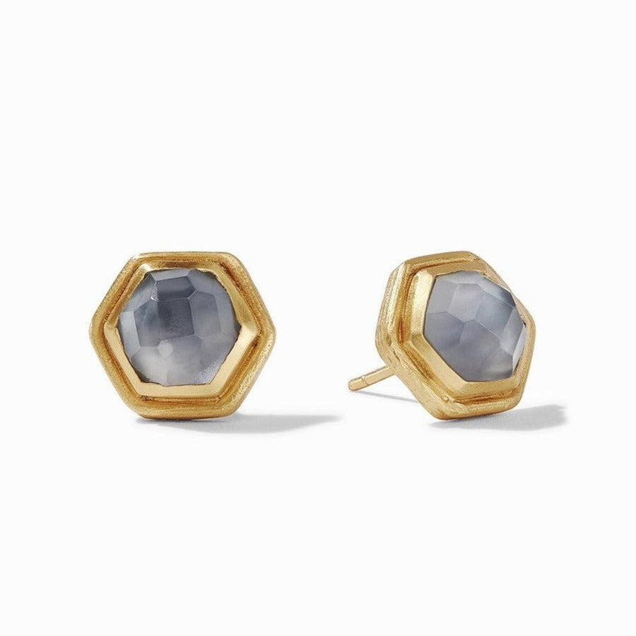 Palladio Stud Earrings: Gray stone hexagon stud earrings with gold setting.