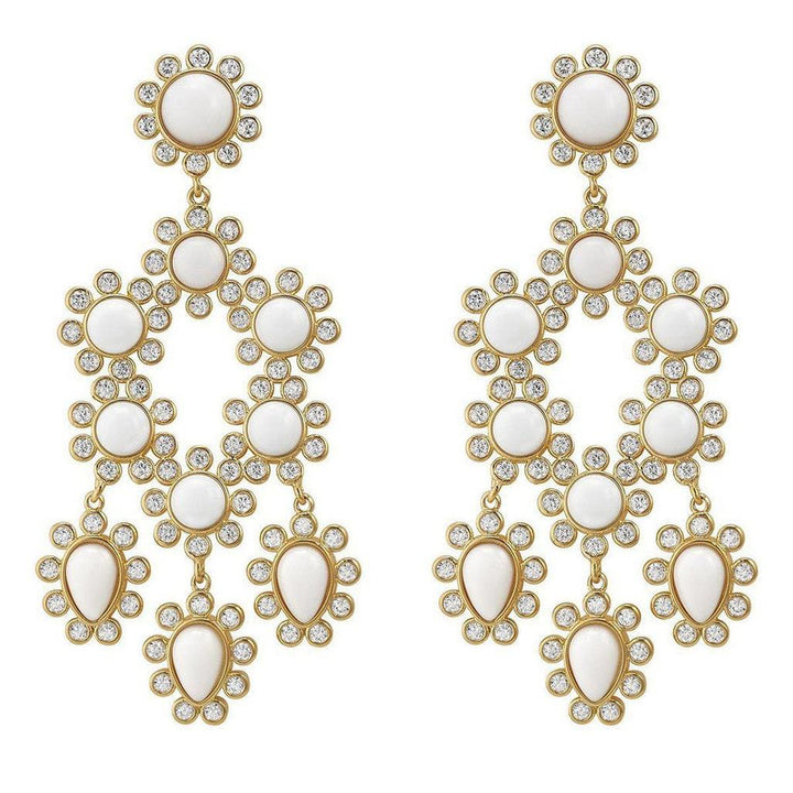 Gold Paris chandelier earrings with white stones.
