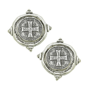 Saint Benedict Coin Clip Earrings Silver-Susan Shaw-Swag Designer Jewelry