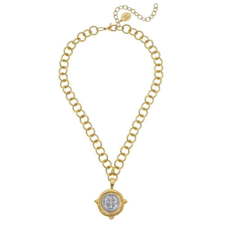 Saint Benedict Coin Pendant Necklace on Chain-Susan Shaw-Swag Designer Jewelry