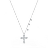 14kt white gold ornate cross necklace with 0.40ctw diamonds and three bezel-set diamond accents on a 16-inch chain.