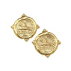 Handcast gold equestrian intaglio stud earrings with a 1-inch round coin design featuring a rider on horseback.