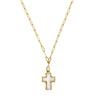 Gold-plated paperclip chain necklace featuring a white mother of pearl cross pendant set in a gold bezel.