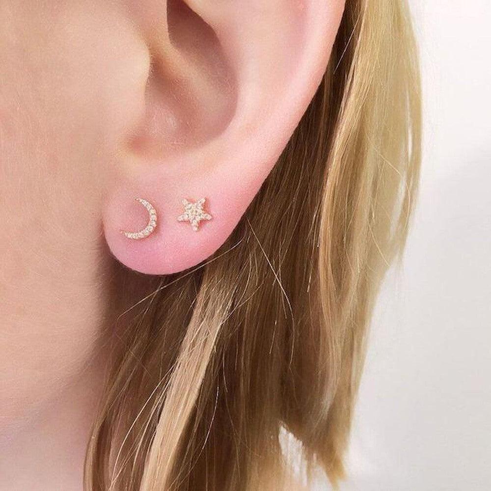 Tiny Star and Moon White Gold Stud Earrings-Liven Co-Swag Designer Jewelry