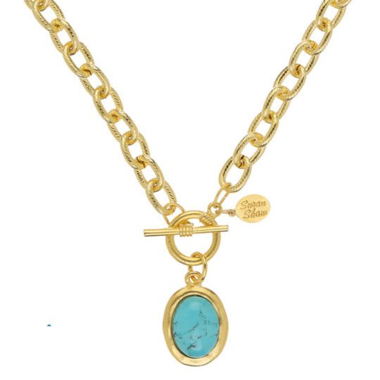 Turquoise Cabochon Necklace on Link Chain-Susan Shaw-Swag Designer Jewelry