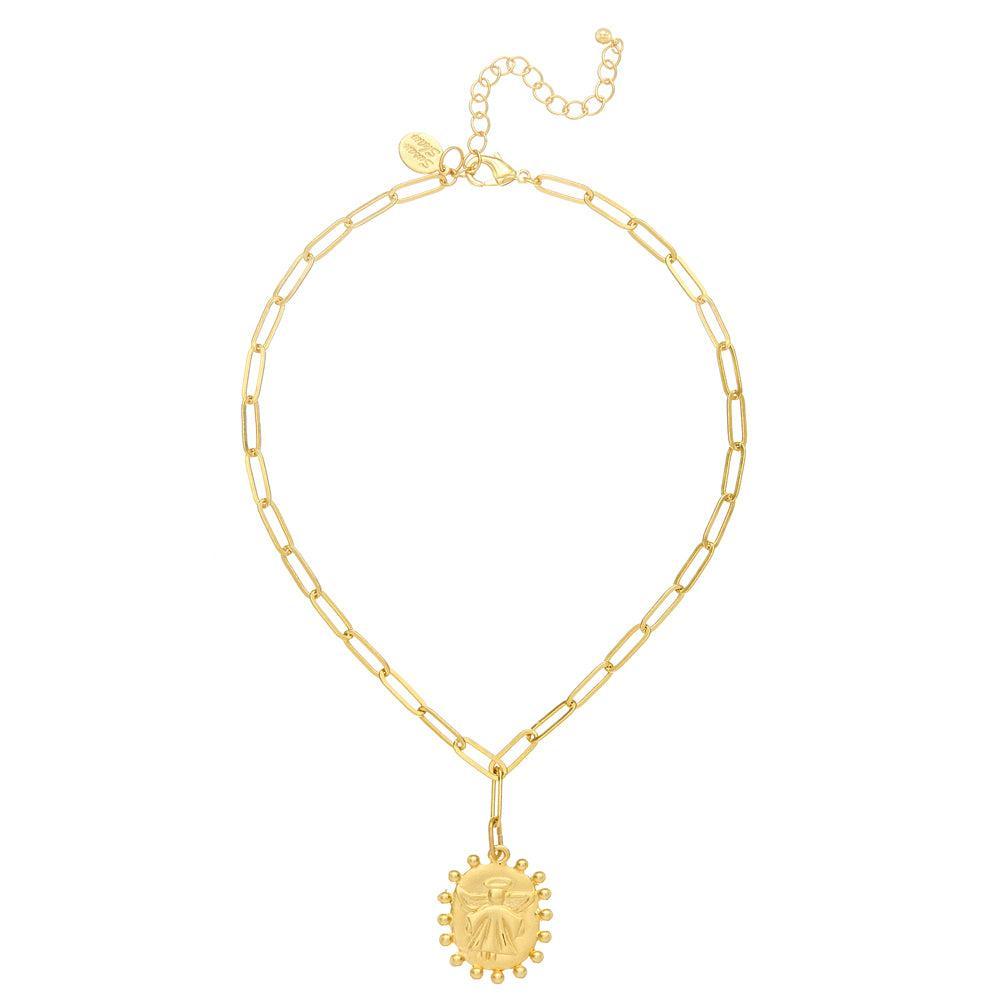 Gold angel pendant necklace with paperclip chain.