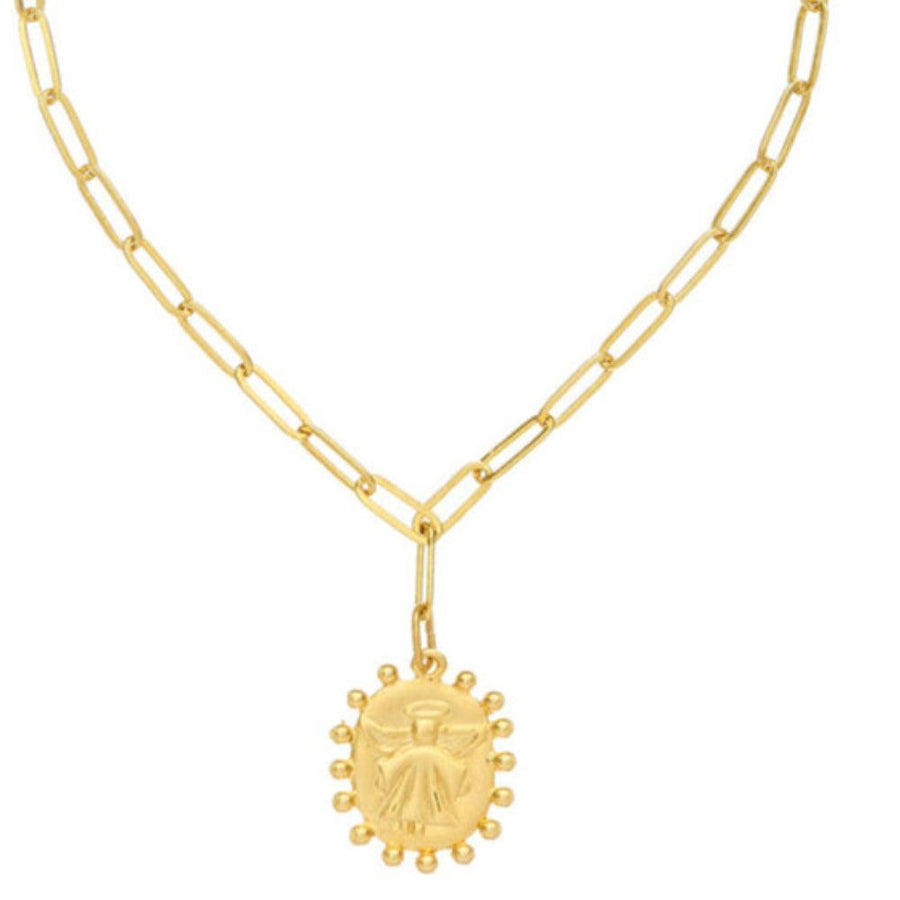 Gold angel pendant necklace with paperclip chain