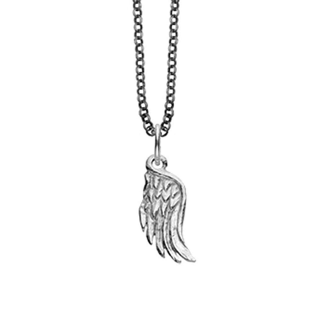 Silver angel wing pendant necklace with delicate chain.
