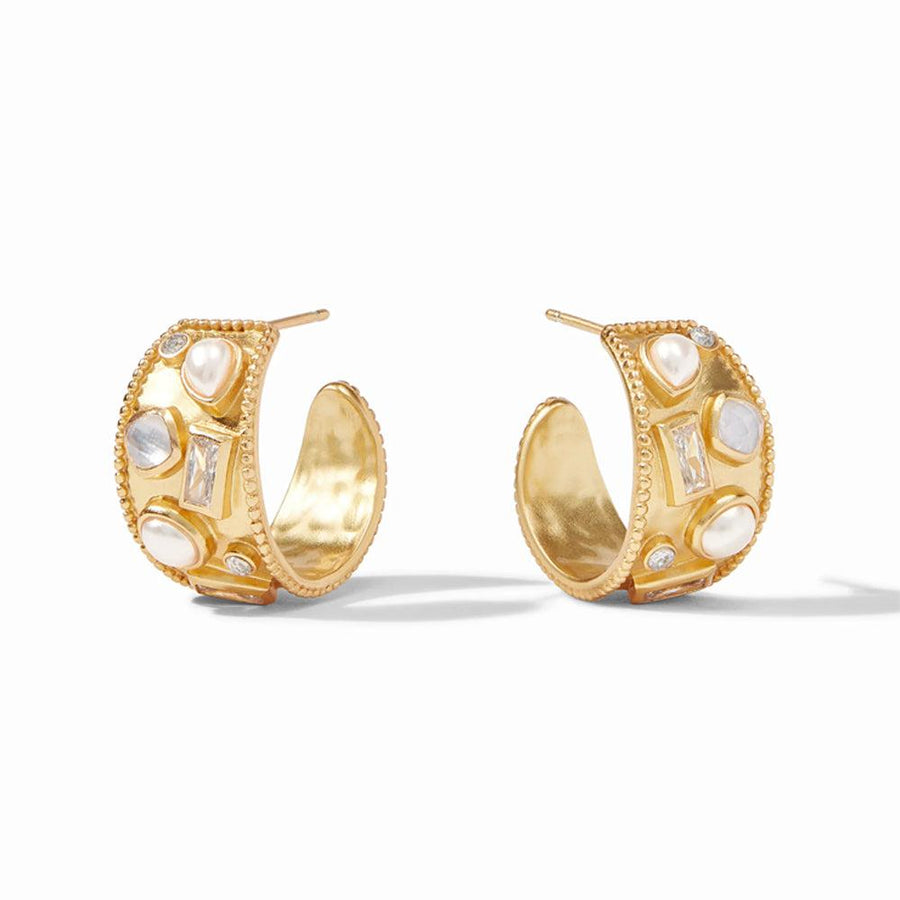 Antonia Mosaic gold hoop earrings with moonstone, pearls & crystals.
