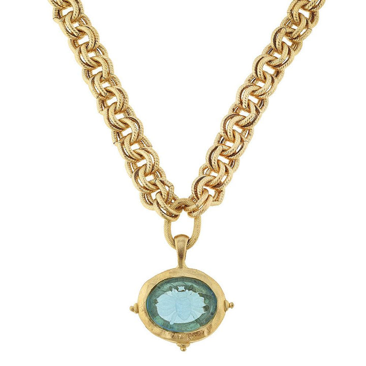 Aqua Venetian Glass Bee Pendant necklace with gold chain
